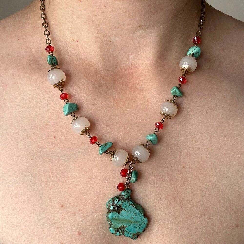Vintage Boho Turquoise Slab Pendant Necklace — Coral Red & White Beads, Antique